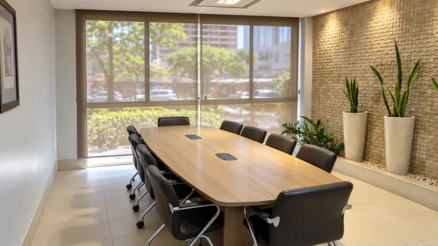 Sala de reuniões com mesa de madeira, cadeiras de couro e parede de pedra com vasos de espada-de-são-jorge